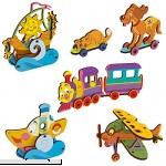UGEARS 3D Wooden DIY Jigsaw Puzzle Build and Paint Assemble Toys Kits for Kids- Set of 5 Medium Models Airplane Kitten and Puppy Steamboat Sailboat and Locomotive  B0785HMCPD